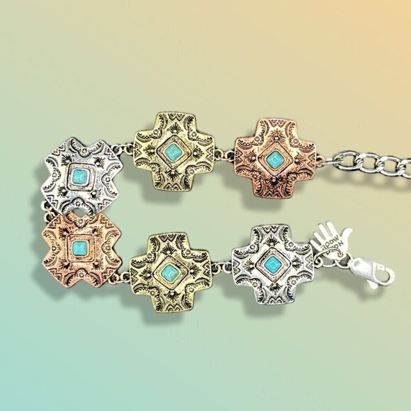 Faux Turquoise and Silver Tone Concho Chain Bracelet #1439 - Picture 6 of 6